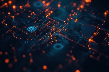 Abstract futuristic background with hexagonal patterns and glowing lights on a dark blue and orange color scheme