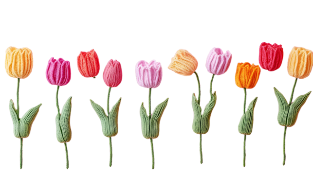 Colorful knitted tulips on pink background celebrating international women's day march 8 with vibrant floral art concept