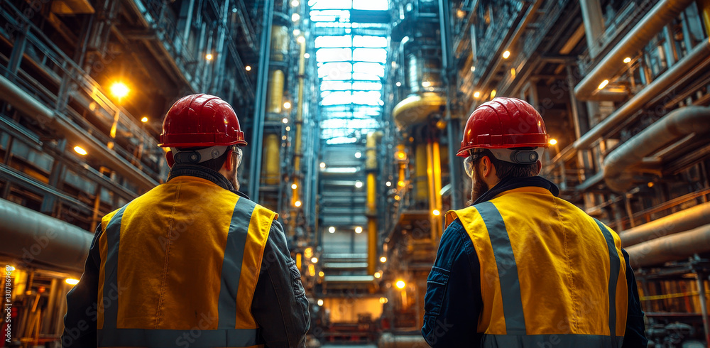 Poster daytime workers in industry. two workers wearing hard hats and vests observe the large machinery in 
