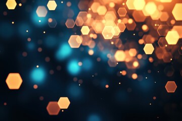 Abstract futuristic background with hexagonal patterns and glowing lights on a dark blue and orange color scheme