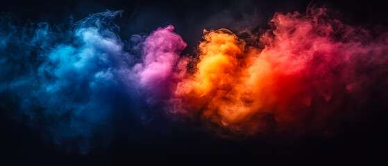 Artistic swirls of colored smoke. Vibrant smoke in shades of blue, pink, orange, and yellow swirls against a dark background, creating dynamic patterns.