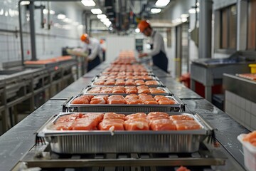 In a busy seafood processing plant, workers are seen preparing fresh salmon. Trays of salmon fillets are lined up along a conveyor belt, showcasing the meticulous work involved.