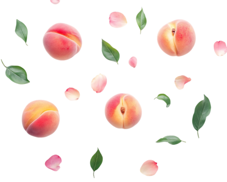 Ripe Peach Halves and Petals on Transparent Background, PNG
