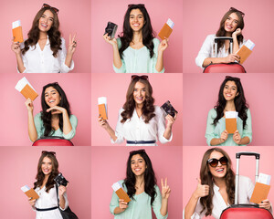 A vibrant collage showcases enthusiastic travelers holding tickets and cameras, expressing joy and...