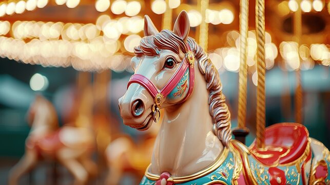 Vintage carousel horses in amusement park colorful night lights gigapixel photo whimsical atmosphere - Powered by Adobe