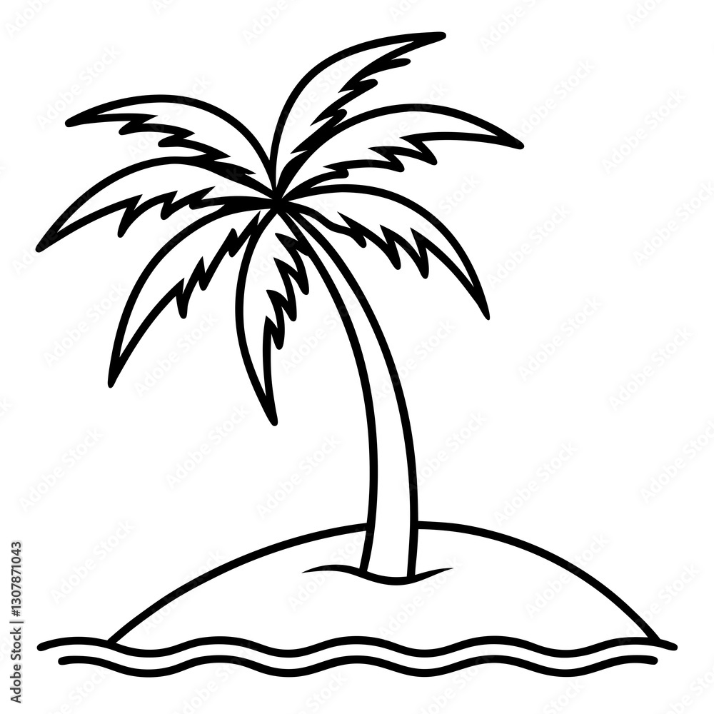 Poster palm tree on a small island in the sea. this minimalist line art design is perfect for adding a trop
