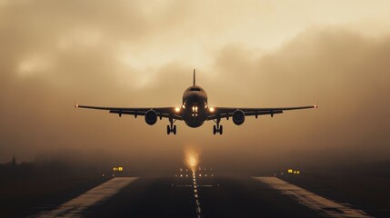 Naklejka premium Majestic Airplane Landing in Misty Dawn