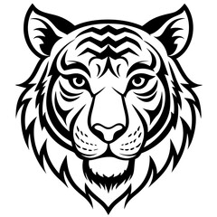 a detailed, black and white drawing of a tiger's mascot head, showcasing its striking features, vector illustration