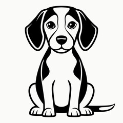 a cute black and white beagle puppy sitting down and staring forward with innocent and loving eyes, vector illustration