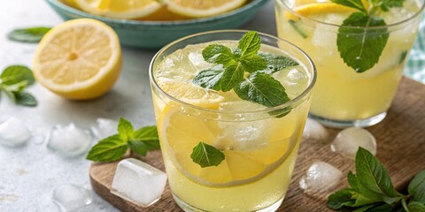 Fototapeta premium Refreshing Citrus Lemonade with Ice and Fresh Herbs for Summer