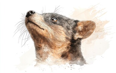Watercolor painting of a cute, curious-looking young Tasmanian devil looking upward.