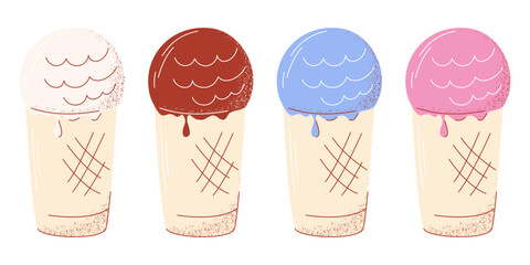 Ice cream in a waffle cup, scoops with vanilla, chocolate and berry flavors. Set of summer refreshing dairy dessert. Vector illustration with texture, flat trendy hand drawn style. Isolated background