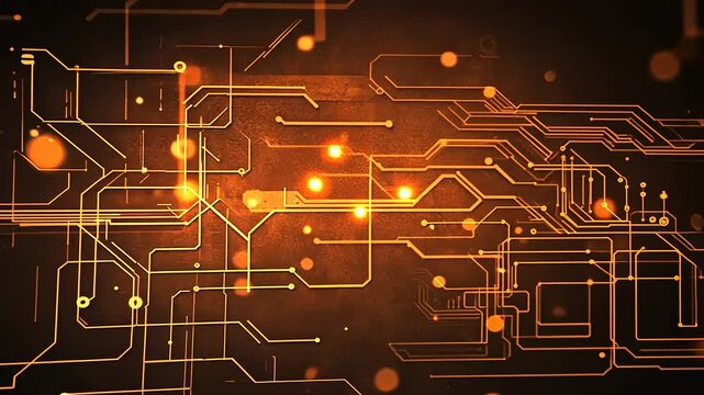 Abstract circuit design with glowing elements on a dark background, representing technology.