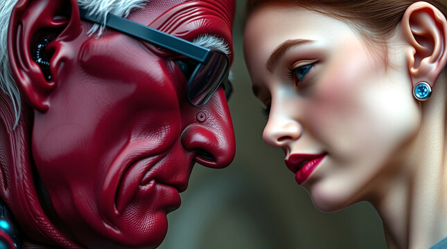 Gesichter einer h&uuml;bschen Frau und eines Mannes mit roter Haut und einer schwarzen Sonnenbrille.