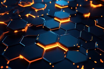 Abstract futuristic background with hexagonal patterns and glowing lights on a dark blue and orange color scheme
