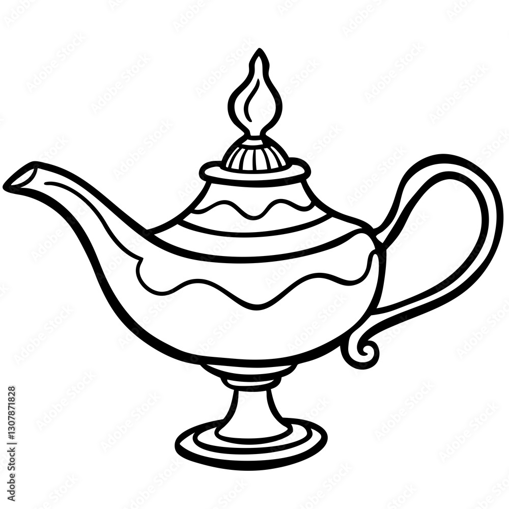 Poster a detailed outline of a magic lamp with intricate patterns, featuring a spout and handle, ready for 