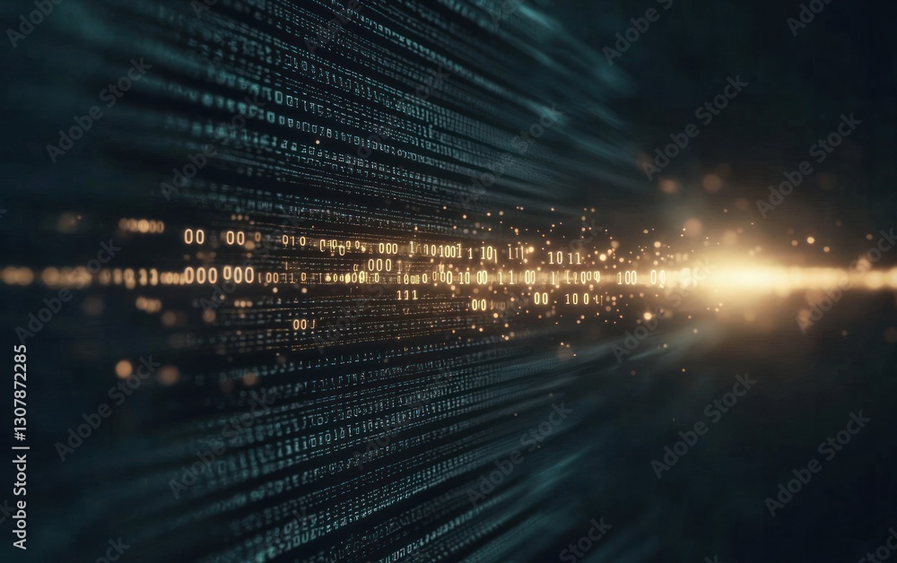 Poster abstract digital data stream flowing into bright light.