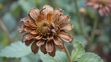 Dry and wilted zinnia plant with dried flower and multilayered petals. Garden zinnia, the seeds of which ripened in autumn. Stages of zinnia growth. Collecting zinnia seeds.