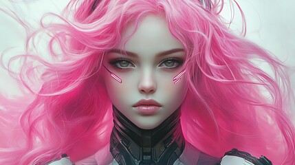 Fototapeta premium Woman with Pink Hair and Futuristic Gear Staring Intensely Portrait