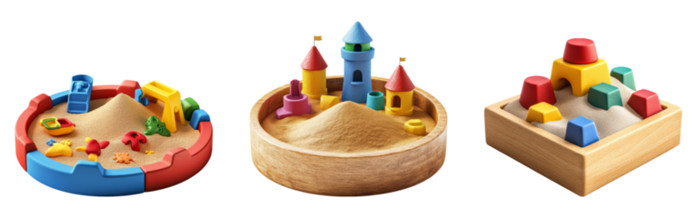 Colorful sand playsets with castles and molds on a transparent background