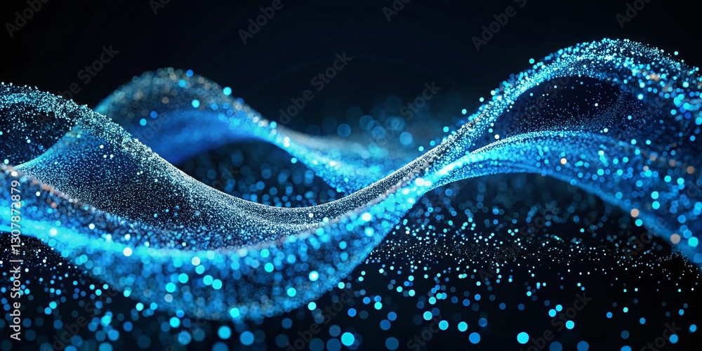 Poster abstract 3d blue particle wave: flowing dot curve pattern - stock photo