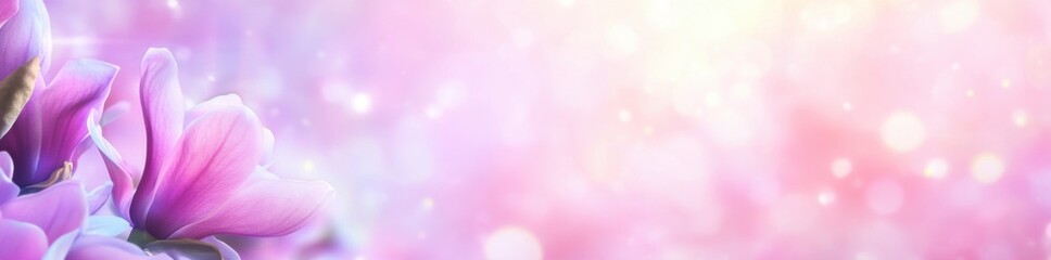 Fototapeta premium Beautiful blooming magnolia flowers in spring on a blurred pastel background with copy space