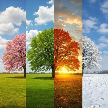 Landscape with a tree seen in the four seasons