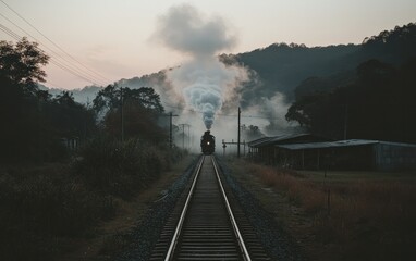 Steam train moving through rural landscape at dawn.