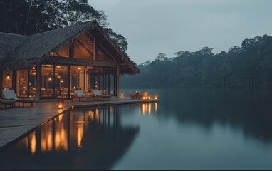 Naklejka premium Luxurious lakeside villa with infinity pool at dusk.