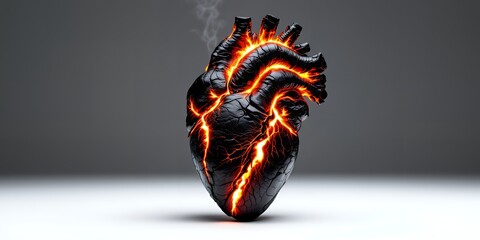 Burning Obsidian Heart 3D Render of a Cracked Fiery Human Heart