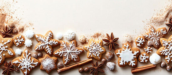 A festive arrangement of gingerbread cookies and spices, perfect for holiday baking promotions, winter celebrations, and family gatherings, with ample space for text.