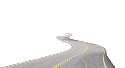 curved asphalt road with double yellow lines on transparent background, cut out, isolated highway turn to the left, clipping path
