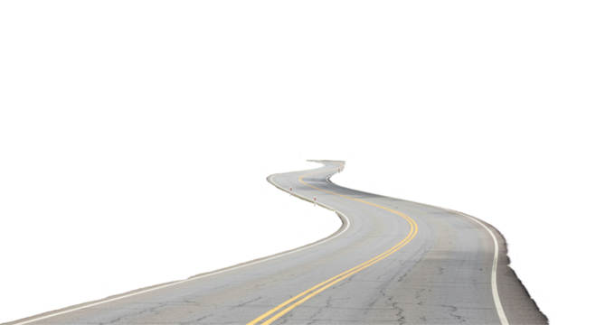 curved asphalt road with double yellow lines on transparent background, cut out, isolated highway turn to the left, clipping path

