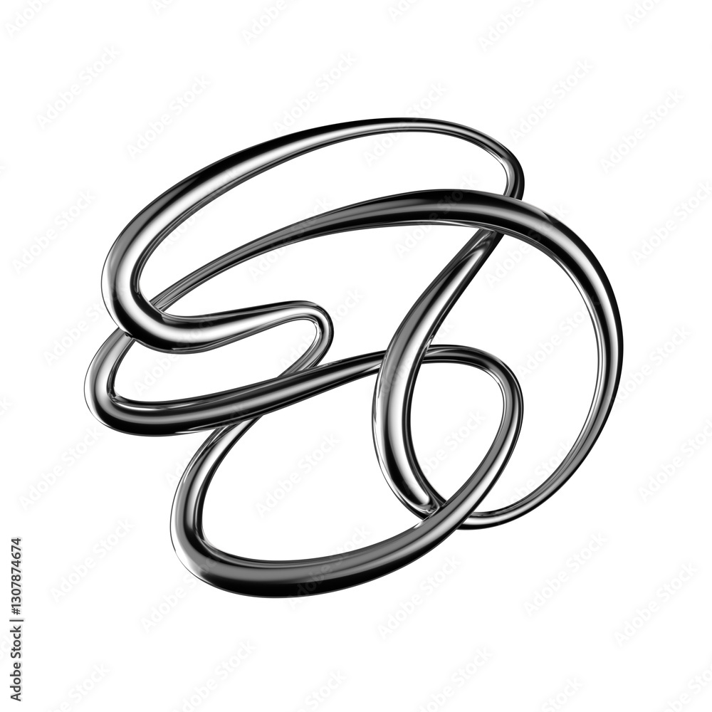 Poster metallic squiggle line 3d shape isolated. futuristic chrome wriggling line 3d element, abstract tang