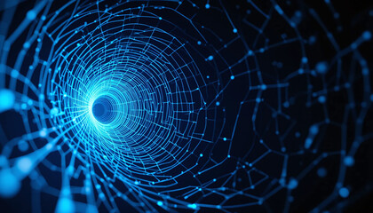 visualized binary code tunnel with blue neon circular thin lines interconnected 