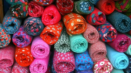 Colorful rolled fabric stacked together for decorative and creative display
