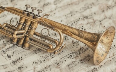 Obraz premium Vintage trumpet rests on aged sheet music. (1)