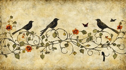 Birds perched on ornate floral scrollwork, aged paper background