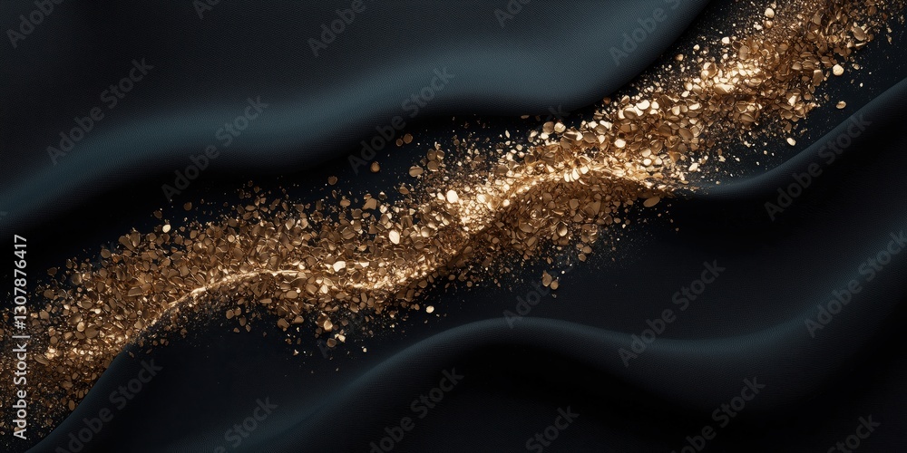 Poster golden glitter flows along a black fabric surface creating a captivating contrast in texture and col