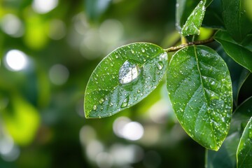 Close-up of a green leaf with water droplets, a natural background