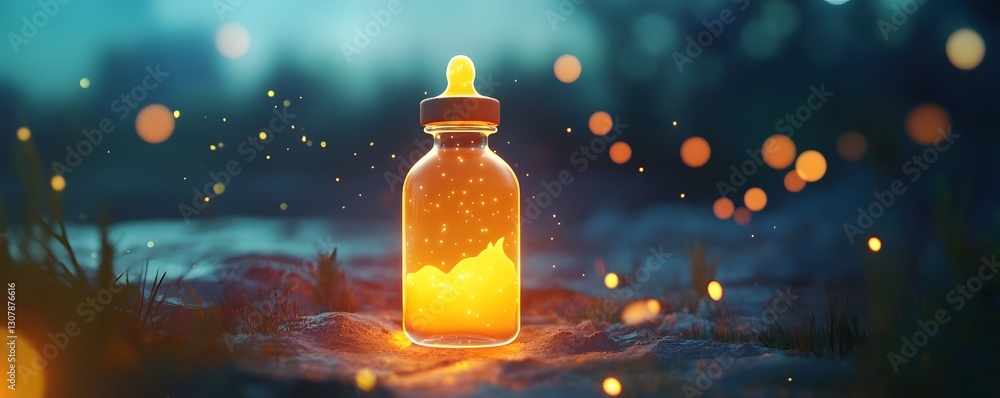 Poster a captivating image of a glowing bottle in a mystical environment, surrounded by floating lights, re