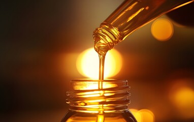 A close-up image of golden syrup being poured into a clear bottle, capturing the rich texture and color of the syrup against a dreamy, blurred background of warm light.