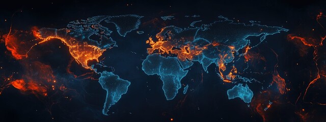 Fototapeta premium Global Network Illuminated World Map, Data Flow, Background Nebula