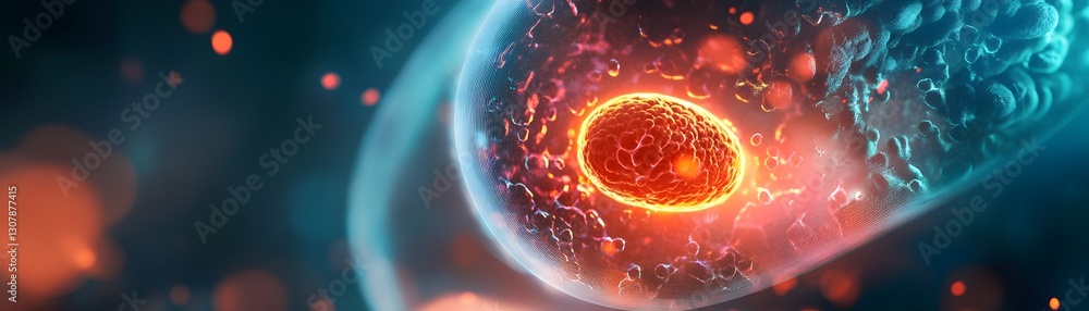 Poster a detailed microscopic view of a glowing cell, showcasing intricate structures and vibrant colors th