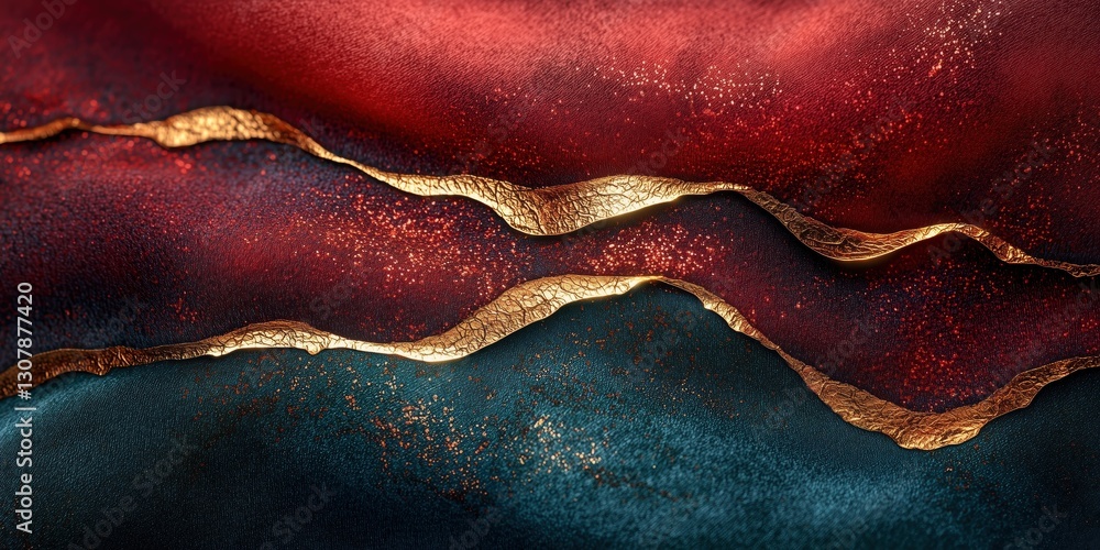 Poster abstract fabric texture with rich colors and golden details creating a luxurious visual effect that 