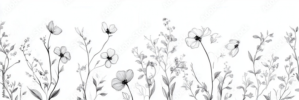 Aufkleber Delicate botanical line art featuring a modern floral pattern on a white background showcasing minimalist elegance Generative AI