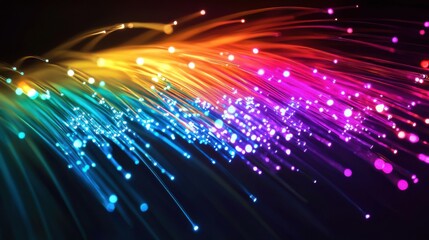 Obraz premium Colorful fiber optic cables with light rays and glow, representing fast internet technology