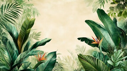 Tropical Foliage with Bird of Paradise Flowers, Tropical foliage with bird of paradise flowers on a beige background