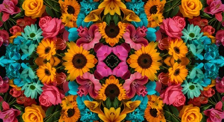 Vibrant floral kaleidoscope colorful summer flowers bright sunflowers roses pattern design art red
