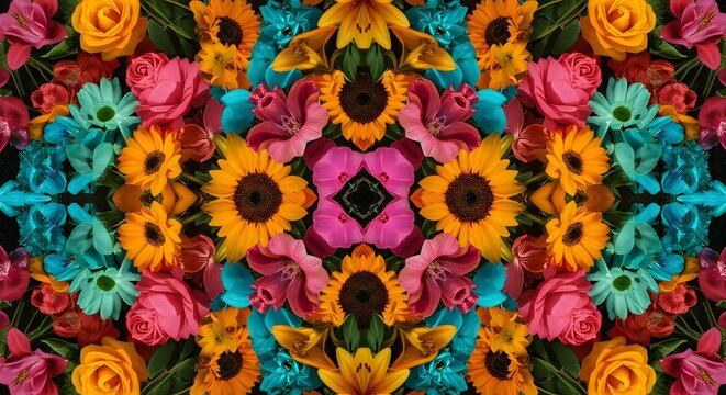 Vibrant floral kaleidoscope colorful summer flowers bright sunflowers roses pattern design art red